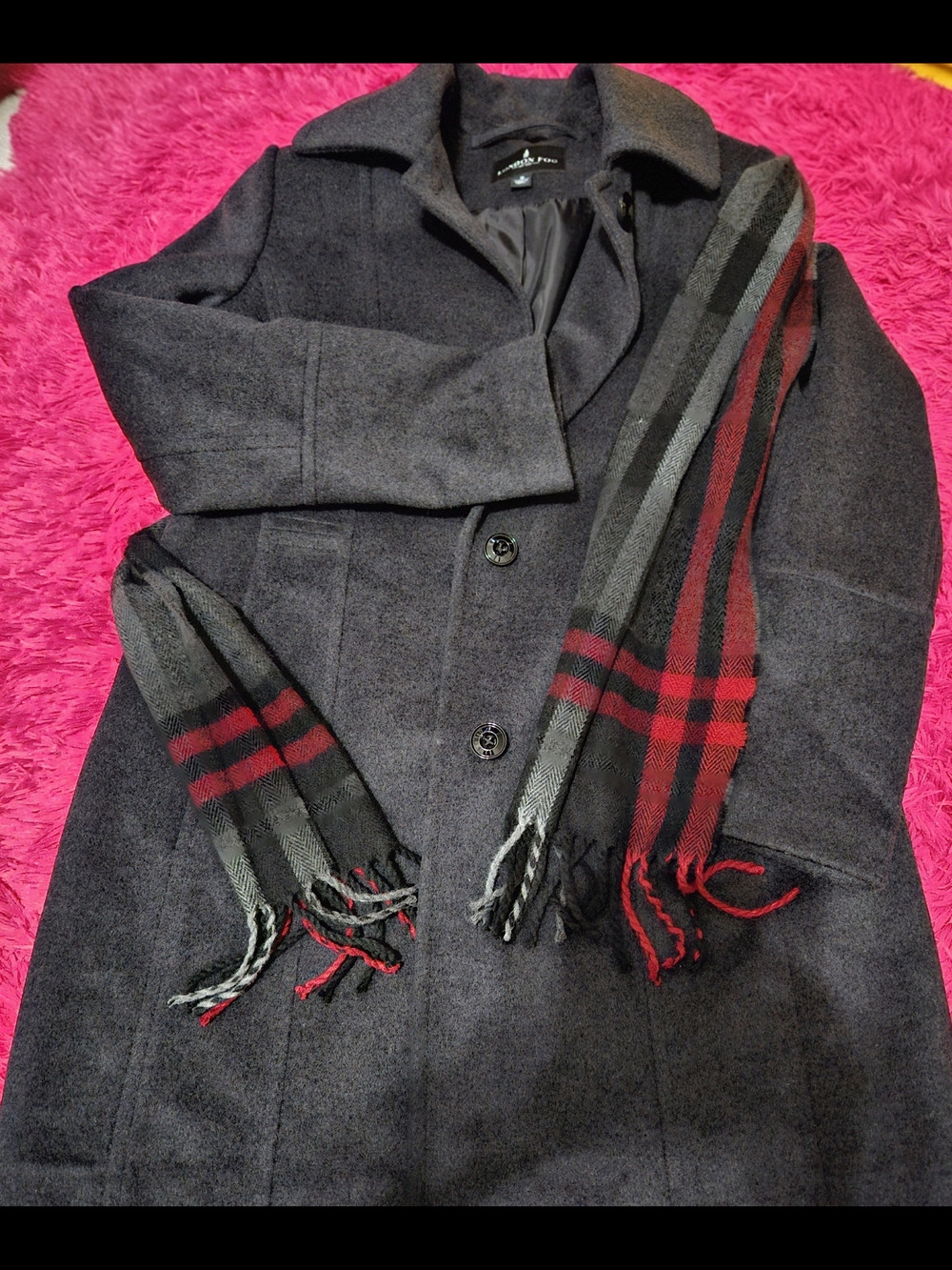 London Fog Charcoal Pea Coat with Black & Red Plaid Scarf